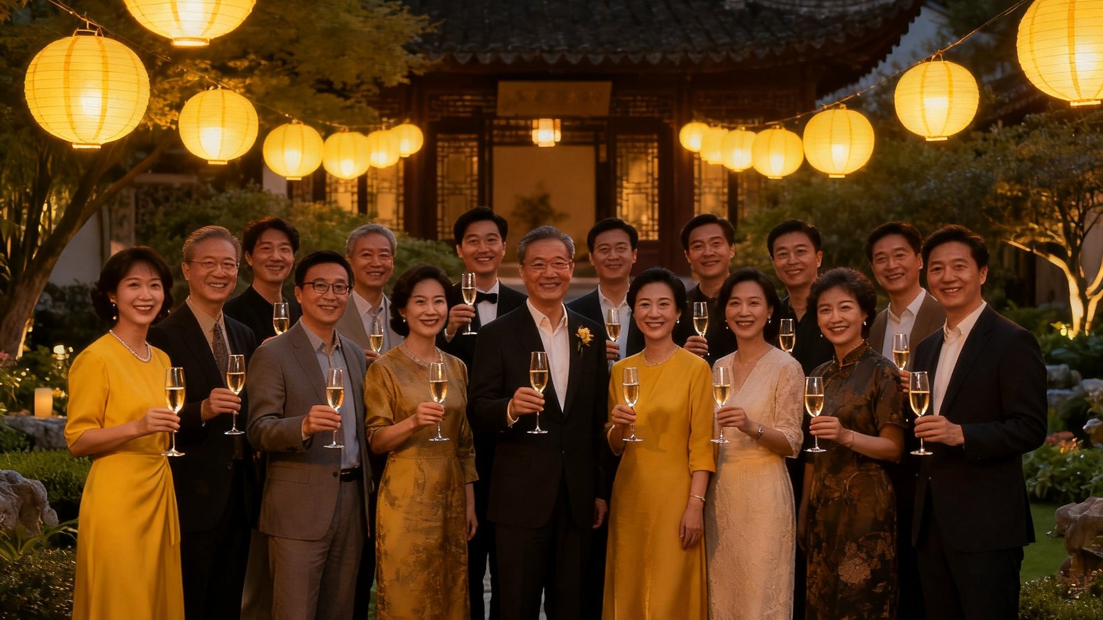 一场夏季文创沙龙结束后，四十位嘉宾在花园中合影留念，大家手持香槟杯笑容灿烂，背景是暮色中的中式庭院和亮起的暖黄灯笼。