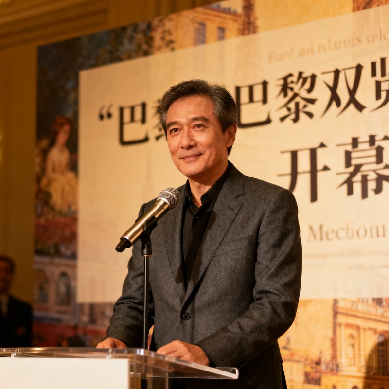 一位气质儒雅的中年男士站在巴黎展览开幕式的讲台上，背后是巨大的中法双文海报，他身着深灰色西装，眼神坚定而温和，正对着麦克风发表致辞。