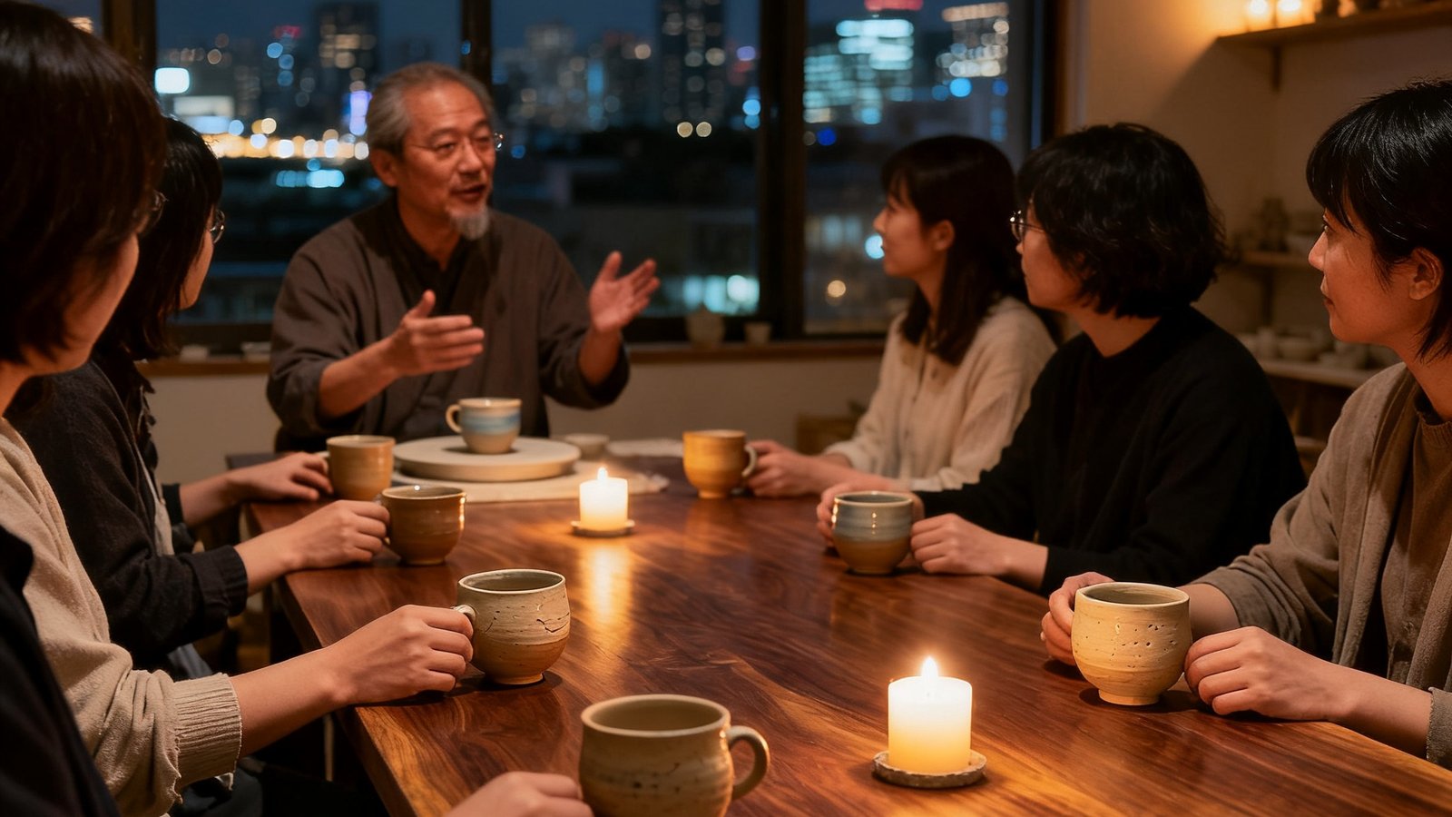 温馨的沙龙场景中，十几位宾客围坐在一张胡桃木长桌旁，每人面前摆放着一只手工陶杯，一位陶艺家正在讲解釉色变化的奥秘，柔和的烛光与窗外城市夜景交相辉映。